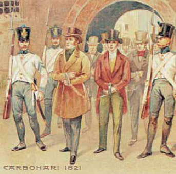 Καρμπονάροι οδηγούνται σιδηροδέσμιοι σε δίκη μετά τις αποτυχημένες επαναστάσεις των ετών 1820-1821 στην Ιταλία.