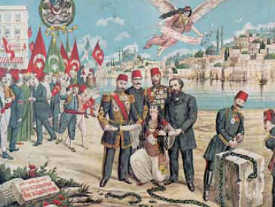 3. Η ανακήρυξη του τουρκικού συντάγματος μετά το κίνημα των Νεοτούρκωντο 1908 σε λαϊκή αλληγορική εικόνα εποχής..
