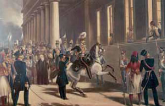 2. Χ. Μάρτενς, Η νύχτα της 3ης Σεπτεμβρίου 1843. Ο Καλλέργης έφιππος στο κέντρο˙ στο παράθυρο διακρίνεται ο Όθωνας.