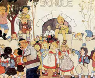 2. Ξανθά Γερμανόπουλα εμφανίζονται να χαίρονται καθώς Εβραιόπουλα μαζί με τον δάσκαλό τους (αποδίδονται σαν καρικατούρες) διώχνονται από σχολείο (εικόνα από σχολικό βιβλίο της ναζιστικής Γερμανίας). 