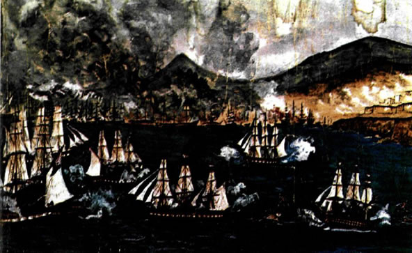 Η ναυμαχία του Ναβαρίνου σε υδατογραφία του Γάλλου πυροβολητή Martin Verdiot
