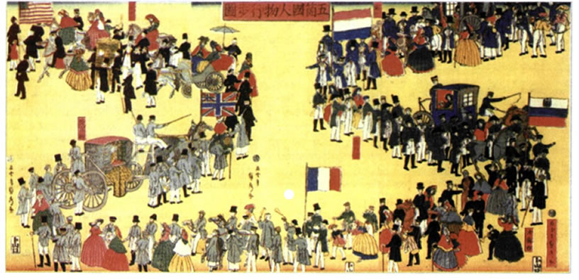 Τον 19ο αιώνα η Ιαπωνία άνοιξε τις αγορές της στους Δυτικούς, υιοθέτησε πολλούς σύγχρονους θεσμούς και γνώρισε σημαντική βιομηχανική ανάπτυξη. Ο πίνακας αποδίδει συμβολικά τη δυτική διείσδυση στην Ιαπωνία.
