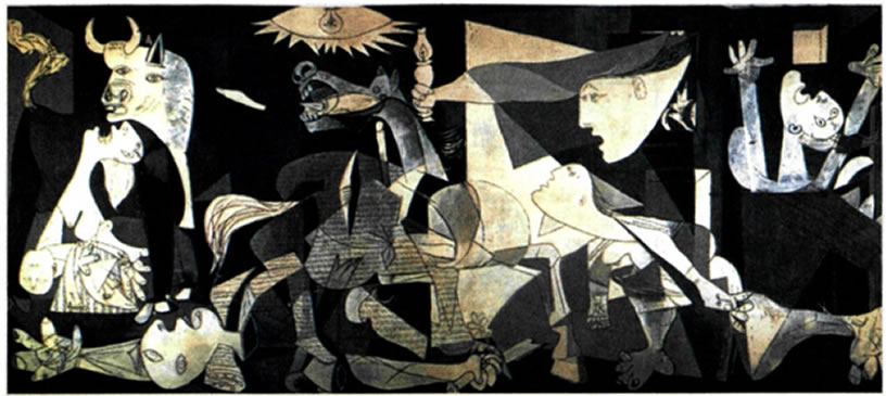 Πάμπλο Πικάσο (Pablo Picasso, 1881-1973), «Γκουέρνικα», 1937, Μουσείο Πράδο, Μαδρίτη. Στις 26 Απριλίου 1937 150 γερμανικά αεροπλάνα που έστειλε ο Χίτλερ, για να Βοηθήσουν τον πραξικοπηματία Φράνκο κατά τη διάρκεια του ισπανικού εμφύλιου πολέμου (1936-1939), Βομβάρδισαν επί τρεις ώρες ανηλεώς την πόλη Γκουέρνικα. Από το γεγονός αυτό εμπνεύστηκε ο Πικάσο ένα από τα γνωστότερα και σημαντικότερα έργα του.