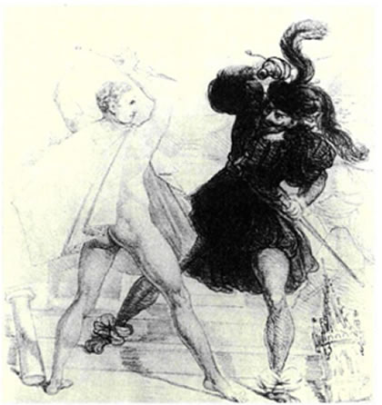 «Ο πόλεμος των στιλ». Η διαμάχη ανάμεσα στον νεοκλασικισμό και τον ρομαντισμό παρουσιάζεται στη συμβολική αυτή απεικόνιση του 1827 ως μονομαχία δυο ανδρών στην είσοδο ενός μουσείου, δίνοντας στον θεατή τη δυνατότητα να αντιληφθεί τα χαρακτηριστικά των δύο αντίθετων κινημάτων και τις έντονες διαφορές τους.