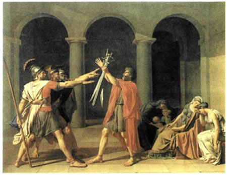 Ζακ-Λουί Νταβίντ (Jacques-Louis David, 1748-1825), «Ο όρκος των Ορατίων», 1784- 85, 3,35X4,27 μ., Μουσείο του Λούβρου, Παρίσι. Στο έργο αυτό, του οποίου το θέμα έχει ληφθεί από τη ρωμαϊκή παράδοση, συμπυκνώνονται τα χαρακτηριστικά του νεοκλασικισμού: λογική, γεωμετρική οργάνωση του συνόλου, αυστηρότητα και λιτότητα έκφρασης, ηρωικό πνεύμα και προβολή ηθικών αξιών.