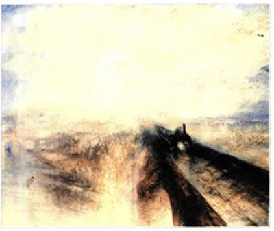 Τζόζεφ Τέρνερ (Joseph Turner, 1775-18511, «Βροχή, Ατμός και Ταχύτητα», 1844, 0,91X1,22 μ., Εθνική Πινακοθήκη, Λονδίνο. Μέσα στη βροχερή και μουντή λονδρέζικη ατμόσφαιρα, το τρένο διασχίζει με μεγάλη ταχύτητα μια καινούρια γέφυρα της πόλης. Ο θαυμασμός για τη νέα τεχνολογία αποτυπώνεται με τρόπο εντυπωσιακό, χωρίς το φυσικό περιβάλλον να υστερεί σε δύναμη και μυστήριο. Σε αυτήν την εικόνα της ρομαντικής έντασης και του δυναμισμού με πολύ μεγάλη δυσκολία αναγνωρίζουμε τις ανθρώπινες παρουσίες που παρακολουθούν έκθαμβοι τη διέλευση του τρένου, ενώ ένας λαγός, σύμβολο ταχύτητας από την εποχή των παραμυθιών, προσπαθεί μάταια να ανταγωνιστεί το τρένο που πλησιάζει.