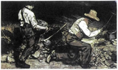 Γκυστάβ Κουρμπέ (Gustave Courbet, 1819-1877), «Εργάτες που σπάζουν πέτρες», 1849 (καταστράφηκε στους βομβαρδισμούς της Δρέσδης το 1945). Ρεαλιστική αποτύπωση του μόχθου που απαιτεί η σκληρή χειρωνακτική δουλειά. Όπως όλοι οι ρεαλιστές ζωγράφοι, ο Κουρμπέ ενδιαφέρεται για τα απλά, ταπεινά, καθημερινά θέματα.