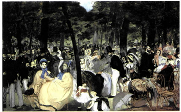 Εντουάρ Μανέ (Edouard Manet, 1832- 1883), «Μουσική στους κήπους του Κεραμεικού», 1862, 0,76X1,18 μ., Εθνική Πινακοθήκη, Λονδίνο. Ο ζωγράφος δεν ενδιαφέρεται για τη ρεαλιστική αποτύπωση μιας σκηνής από την καθημερινή αστική ζωή στο Παρίσι, αλλά για την απόδοση της ατμόσφαιρας ενός στιγμιότυπου με άμεσο και ποιητικό τρόπο, αξιοποιώντας τις δυνατότητες της πολυπρόσωπης σύνθεσης και του πλούσιου χρώματος.