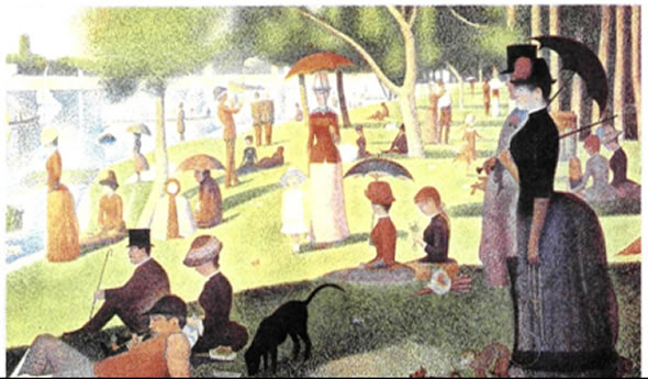 Ζορζ Σερά (Georges Seurat, 1859-1891), «Κυριακάτικο απόγευμα στο νησί Γκραντ Ζαν», 1886, 2,07X3,08 μ., Ινστιτούτο Τέχνης, Σικάγο. Οι μορφές αποδίδονται στατικά και απρόσωπα με μικρές κουκκίδες καθαρού χρώματος, η σύνθεση των οποίων γίνεται στα μάτια του θεατή από απόσταση. Με αφετηρία τη μελέτη του φωτός, που απασχόλησε τους ιμπρεσιονιστές, ο Σερά στήριζε την τεχνική του στην ανάλυση του φωτός στα τρία βασικά χρώματα που το συνθέτουν (κόκκινο, κίτρινο, μπλε), σύμφωνα με τη θεωρία του Γάλλου χημικού Μισέλ Σεβρέλ Η μέθοδος αυτή ονομάστηκε πουαντιγισμός (από τη γαλλική λέξη point=τελεία, σημείο) και η κίνηση αυτή νεοϊμπρεσιονισμός.
