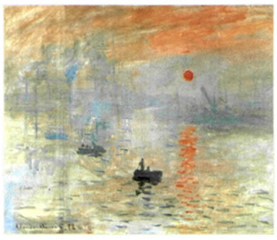 Κλοντ Μονέ (Claude Monet, 1840-1926), «Εντύπωση - Ανατολή του ήλιου», 1872, 0,48X0,63 μ., Μουσείο Μαρμοτάν, Παρίσι. Με απόλυτα λιτό τρόπο, γρήγορες πινελιές και χωρίς καθόλου περιγράμματα αποδίδεται η εντύπωση (impression) μιας συγκεκριμένης στιγμής. Το έργο έγινε δεκτό με αρνητικά σχόλια από τους κριτικούς οι οποίοι αποκάλεσαν χλευαστικά «ιμπρεσιονιστές» όλους τους καλλιτέχνες που ακολουθούσαν την ίδια τεχνοτροπία.