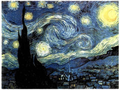 Βενσάν Βαν Γκογκ (Vincent Van Gogh, 1853-1890), «Νύχτα με αστέρια», 1889, 0,73X0,92 μ., Μουσείο Μοντέρνας Τέχνης, Νέα Υόρκη. Η εκρηκτική λαμπρότητα των αστεριών αποδίδεται με μεγάλες, πυκνές και δυναμικές πινελιές αμιγούς χρώματος με τη μορφή στροβίλου, εκφράζοντας τα έντονα συναισθήματα που πλημμυρίζουν την ψυχή του ζωγράφου. «Ίσως κανένας άλλος δημιουργός της περιόδου δε φθάνει με τέτοιον τρόπο στην έκφραση ενός κοσμικού γίγνεσθαι, όπως ο Βαν Γκογκ, μιας πραγματικά κοσμικής δίνης που συναρπάζει τον θεατή».