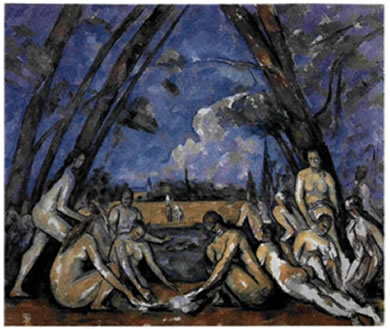 Πολ Σεζάν (Paul Cezanne, 1839-J 906), «Οι μεγάλες λουόμενες», 1898-1900, 2,49X2,08 μ., Μουσείο Καλών Τεχνών, Φιλαδέλφεια Ο καλλιτέχνης δεν ενδιαφέρεται για τη ρεαλιστική απόδοση της σκηνής, αλλά για μια νέα σύλληψη της οπτικής πραγματικότητας που συνδέεται με ότι βρίσκεται κάτω από την επιφάνεια, το μόνιμο, το σταθερό, το ουσιαστικό, το αληθινό. Μεγάλη σημασία αποδίδεται στα δομικά στοιχεία της σύνθεσης, δηλαδή στην αυστηρή οργάνωση των μορφών και των χρωμάτων. Οι μορφές γίνονται αυτόνομες καλλιτεχνικές οντότητες και το έργο αποπνέει ασφάλεια και δύναμη.