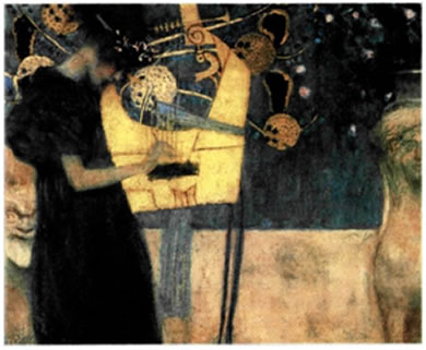 Γκούσταβ Κλιμτ (Gustav Klimt, 1862-1918), «Μουσική I», 1895, 0,37X0,44 μ., Νέα Πινακοθήκη, Μόναχο. Αν και τα σημαντικότερα και γνωστότερα έργα του Κλιμτ ανήκουν στον 20ό αιώνα, στο έργο αυτό βρίσκουμε μερικά από τα χαρακτηριστικά της ζωγραφικής της αρ νουβό: ονειρική ατμόσφαιρα, αινιγματική γυναικεία φιγούρα, έντονα διακοσμητική διάθεση, αλληγορικά θέματα.