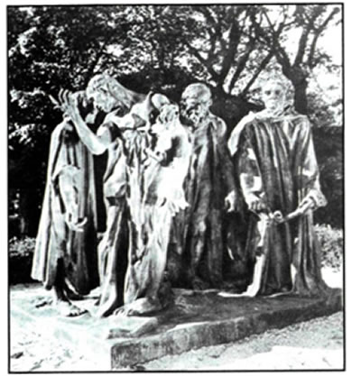 Ογκύστ Ροντέν (Auguste Rodin, 1840-1917), «Οι πολίτες του Καλέ», 1886, μπρούντζος, 2,10X2,44X1,98 μ., Ινστιτούτο Σμιθσόνιαν, Ουάσινγκτον. Το έργο αναφέρεται σε ένα ηρωικό γεγονός κατά τη διάρκεια του Εκατονταετούς Πολέμου. Έξι πολίτες της γαλλικής πόλης Καλέ προσέφεραν αυτοβούλως τη ζωή τους ως αντάλλαγμα για την άρση της πολιορκίας της πόλης και για την απελευθέρωση των κατοίκων της (1347). Οι μορφές σε φυσικό μέγεθος, τοποθετημένες όχι σε βάθρο, αλλά στο ύψος των ματιών των θεατών, ώστε αυτοί να έχουν την αίσθηση ότι ζουν και κινούνται ανάμεσά τους και εμπνέονται από τη θυσία τους, εκφράζουν τα έντονα συναισθήματα της στιγμής είτε ως εγκαρτέρηση είτε ως απελπισία. Η έκφραση των προσώπων, οι χειρονομίες, η στάση των σωμάτων, η αδρή επιφάνεια των γλυπτών μορφών αποδίδουν την τραγικότητα και το ανθρώπινο πάθος στη διαχρονική τους διάσταση.