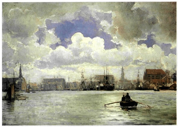 Ιωάννης Αλταμούρας (1852-1878), «Το λιμάνι της Κοπεγχάγης», 1874, 0,30X0,43 μ., Εθνική Πινακοθήκη και Μουσείο Αλεξάνδρου Σούτζου, Αθήνα. Στον τρόπο με τον οποίο ο καλλιτέχνης πραγματεύεται το χρώμα, με την καταλυτική επίδραση του φωτός σε αυτό, στη σχετικά ελεύθερη πινελιά και στο ενδιαφέρον για την απόδοση της φευγαλέας εντύπωσης βλέπουμε τα πρώτα μηνύματα του ιμπρεσιονισμού στην Ελλάδα.
