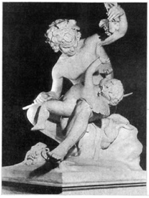 Γιαννούλης Χαλεπάς (1851-1938), «Σάτυρος που παίζει με τον Έρωτα», 1877, μάρμαρο, ύψος 1,35 μ., Εθνική Γλυπτοθήκη, Αθήνα. Σε αυτό το νεανικό έργο του ο Χαλεπάς, που σφράγισε την πορεία της νεοελληνικής γλυπτικής, συνδυάζει την παράδοση της αρχαίας ελληνικής γλυπτικής με στοιχεία από τον ρομαντισμό και τον ρεαλισμό.