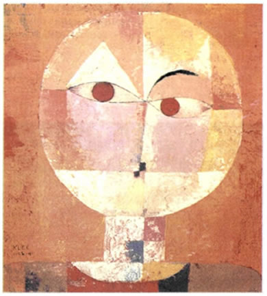 Πάουλ Κλέε (Paul Klee, 1879-1940), «Σενέκιος», 1922, 0,40X0,38 μ., Μουσείο Τέχνης, Βασιλεία. Ο καλλιτέχνης, επιδιώκοντας πάντα να αποδώσει την εσωτερική αλήθεια των φυσικών μορφών και την ενέργεια που περικλείουν, προσπαθεί σ αυτή την αινιγματική προσωπογραφία να συμφιλιώσει δύο γεωμετρικά σχήματα, τον κύκλο και το τετράγωνο, που εμπλουτίζονται και ενεργοποιούνται από λαμπρά, θερμά χρώματα. Με έντονη φιλοσοφική διάθεση και καταφεύγοντας στον πρωτογενή τρόπο έκφρασης των παιδιών, διαμορφώνει έναν δικό του κώδικα εικαστικής επικοινωνίας, πέρα από την οπτική πραγματικότητα.