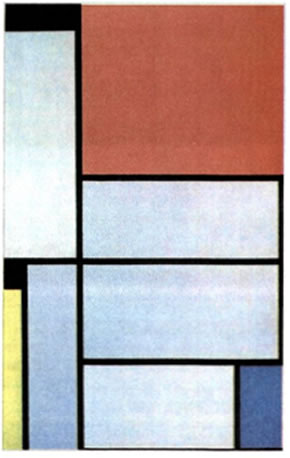 Πιτ Μοντριάν (Piet Mondrian, 1872-1944), «Σύνθεση I», 1921, 0,96X0,65 μ., Μουσείο Ludwig, Κολωνία. Ξεπερνώντας τον κυβισμό, ο Πιτ Μοντριάν, κύριος εκφραστής της ομάδας «Ντε Στιλ», αναζήτησε την καθαρή πλαστική τέχνη, η οποία μπορεί να συνδέσει το ατομικό με το συλλογικό και να αποδώσει την καθολική αλήθεια που συνοψίζεται στην παγκόσμια ισορροπία και ομορφιά. Για να το επιτύχει αυτό, κατέφυγε στην πλήρη γεωμετρική αφαίρεση και στην ελαχιστοποίηση του εκφραστικού «λεξιλογίου» του στα τρία βασικά χρώματα, καθώς και στην οριζόντια και κάθετη γραμμή.
