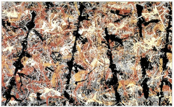 Τζάκσον Πόλοκ (Jackson Pollock, 1912-1956), «Γαλάζιοι πάσσαλοι», 1953, 2,10X4,86 μ., Εθνική Πινακοθήκη Αυστραλίας, Καμπέρα. Μεταπολεμικά, ο Πόλοκ, ο σημαντικότερος από τους αφηρημένους εξπρεσιονιστές, αποδεσμεύεται εντελώς από το καβαλέτο και αναπτύσσει την τεχνική της «ζωγραφικής της δράσης», η οποία επικεντρώνεται στη χειρονομία, στην κίνηση του ίδιου του καλλιτέχνη, ο οποίος στάζει, χύνει ή πετάει το χρώμα απευθείας στον μουσαμά που βρίσκεται στο δάπεδο. Με τον τρόπο αυτόν αποτυπώνει επάνω στη ζωγραφική επιφάνεια το ίχνος της ζωγραφικής πράξης, δημιουργώντας έτσι ένα «περιβάλλον» εικαστικής δράσης, μέσα στο οποίο κινείται ο ίδιος, αλλά και οι θεατές του έργου του.