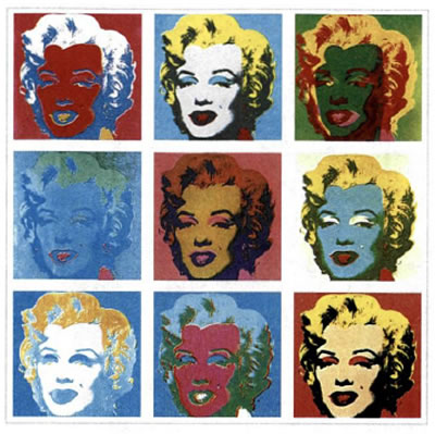 Άντυ Ουόρχολ (Andy Warhol, 1928-1987), «Μέριλιν», 1967, Ιδιωτική Συλλογή. Από τους περισσότερο φημισμένους καλλιτέχνες της ποπ αρτ, προσπάθησε να εκφράσει τα χαρακτηριστικά της καταναλωτικής κοινωνίας και της λαϊκής κουλτούρας αξιοποιώντας τις τεχνικές της γραφιστικής τέχνης και επιλέγοντας πάντα θέματα απόλυτα αναγνωρίσιμα από το ευρύ κοινό. Με τη μηχανική επανάληψη της μορφής της ηθοποιού Μέριλιν Μονρόε, την τυποποίηση και την αφαίρεση κάθε συναισθήματος, επιδίωκε να προβάλει το προβάδισμα της διαφήμισης και των μέσων μαζικής επικοινωνίας έναντι της αυθεντικής καλλιτεχνικής δημιουργίας.