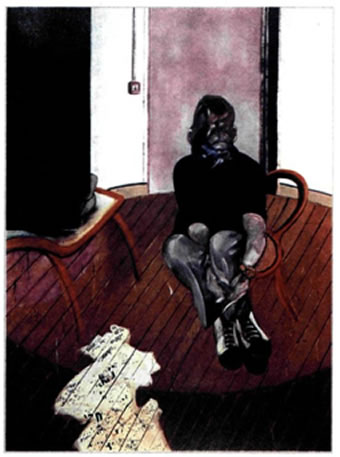 Φράνσις Μπέικον (Francis Bacon, 1909-1992), «Αυτοπροσωπογραφία», 1973, 1,98X1,47 μ., Συλλογή Claude Bernard, Παρίσι. Ακολουθώντας έναν προσωπικό δρόμο καλλιτεχνικής έκφρασης, με πολλά στοιχεία από την παραστατική ζωγραφική, τον εξπρεσιονισμό και τον σουρεαλισμό, ο Μπέικον εστιάζει το ενδιαφέρον του στην ανθρώπινη μορφή. Παραμορφώνοντάς την εφιαλτικά, την «εγκλωβίζει» μέσα σε έναν χώρο αινιγματικό και απειλητικό, μεταφέροντας στον θεατή τη βαθύτερη αγωνία του.