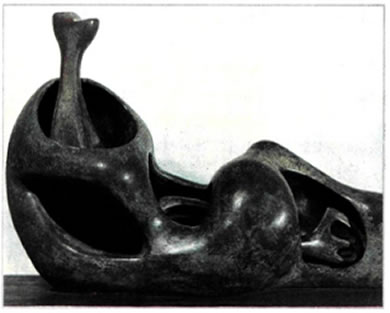 Χένρυ Μουρ (Henry Moore, 1898-1986), «Ανακεκλιμένη μορφή», 1951, Κρατική Πινακοθήκη, Αννόβερο. Η ανακεκλιμένη μορφή, όπως και το θέμα μητέρα-παιδί συνυπάρχουν στο γλυπτό αυτό, όπου μια εξωτερική φόρμα μοιάζει να περικλείει μια άλλη εσωτερική. Η πληρότητα της σύνθεσης, η δυναμική της ανάπτυξης της στον χώρο και η πλαστικότητα των καμπύλων γραμμών επιβεβαιώνουν την πεποίθηση ότι ένα έργο πρέπει να έχει τη δική του ενεργό παρουσία, ώστε να αποκαλύπτει στον θεατή και το βαθύτερο νόημα της ζωής.