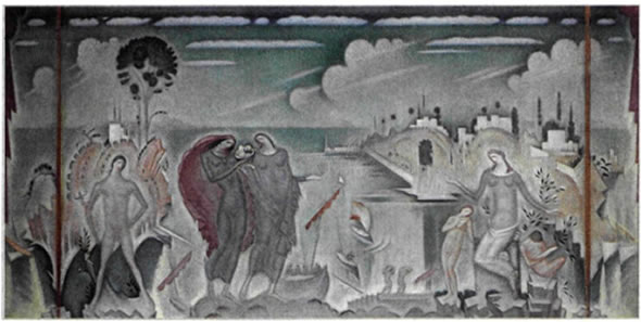 Κωνσταντίνος Παρθένης (1878-1967), «Τα αγαθά της συγκοινωνίας», περ. 1930, 0,79X1,74 μ., Εθνική Πινακοθήκη και Μουσείο Αλ. Σούτζου, Αθήνα. Ανανεωτής της νεοελληνικής ζωγραφικής του 20ού αιώνα, συντέλεσε καθοριστικά στην εγκατάλειψη των συντηρητικών ακαδημαϊκών προτύπων και στη στροφή προς νέες πρωτοποριακές αναζητήσεις της Γενιάς του '30. Διαμόρφωσε μια απόλυτα προσωπική εκφραστική γλώσσα με έντονα στοιχεία από τον μεταϊμπρεσιο- νισμό (Σεζάν) και την αρ νουβά, με διάθεση συμβολιστική και ποιητική. Στην αλληγορική αυτή σύνθεση οι σχηματοποιημένες μορφές του Κερδώου Ερμή, της Αθηνάς και των δύο γυναικών, που προσωποποιούν τις θαλάσσιες και χερσαίες συγκοινωνίες, αποδίδουν μέσα σε ένα κλίμα ποιητικό και μεταφυσικό όλες τις εθνικές, πολιτιστικές και οικονομικές διαστάσεις της συγκοινωνίας.