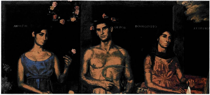 Γιάννης Τσαρούχης (1910-1989), «Οι τέσσερις εποχές» (απόσπασμα), 1969, 1,56X2,95 μ., Ιδιωτική Συλλογή. Δημιουργός που αφομοιώνει στοιχεία από την αρχαία, τη βυζαντινή και τη λαϊκή παράδοση δένοντάς τα με επιρροές από την παλαιότερη, αλλά και τη σύγχρονη τέχνη σε έναν εντελώς προσωπικό εικαστικό λόγο, μαθητής του Κόντογλου και του Παρθένη, συνδυάζει την παράδοση και την πρωτοπορία, εκφράζοντας το όραμα και τους στόχους της Γενιάς του '30. Στο απόσπασμα αυτό η λεπτομερής απόδοση των μορφών και των αντικειμένων, η ποιότητα του χρώματος, της σύνθεσης και του σχεδίου θυμίζουν παλαιότερες εποχές της ευρωπαϊκής τέχνης (μπαρόκ) και μεταδίδουν στον θεατή εικόνες, ιδέες και συναισθήματα διαχρονικής αξίας και δύναμης.