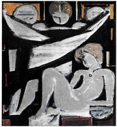 Γιάννης Μόραλης (γενν. το 1916), «Επιτύμβια σύνθεση Ε'», 1963, 0,79X0,73 μ., Εθνική Πινακοθήκη και Μουσείο Αλεξάνδρου Σούτζου, Αθήνα. Μέσα στο πλαίσιο των αναζητήσεων και των προβληματισμών της Γενιάς του '30, ο Μόραλης προχωρεί σταδιακά στην αφαίρεση, επικεντρώνοντας το ενδιαφέρον του στην πυκνότητα της σύνθεσης, στη λιτότητα των μορφών και στα καθαρά χρώματα. Το έργο, όπως και άλλες παραλλαγές της ίδιας σειράς, είναι εμπνευσμένο από τις αρχαίες επιτύμβιες στήλες. Οι μορφές αποδίδονται αφαιρετικά, με αυστηρή γεωμετρικότητα, εντάσσονται στον χώρο με τρόπο που να θυμίζει γλυπτή σύνθεση, ενώ το σύνολο αποπνέει συγκρατημένο πάθος και σιωπηλή συγκίνηση.