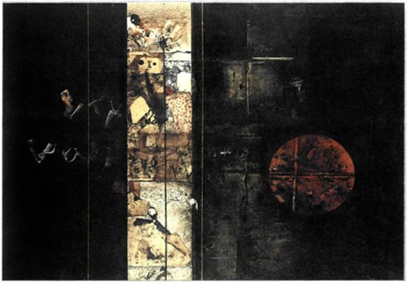 Γιάννης Σπυρόπουλος (1912-1990), «The Fragment No 3», 1979, 0,97X1,30 μ., Πινακοθήκη Δημ. Πιερίδη, Αθήνα. Κύριος εκπρόσωπος της αφαίρεσης, με προσωπικό ύφος και επιρροές από τον αφηρημένο εξπρεσιονισμό, ο καλλιτέχνης αναζητά τις μυστικές δυνάμεις που κινούν τη φύση και τη ζωή και αποδίδει μέσω της τέχνης το κρυφό νόημα τους. Με την εναλλαγή φωτεινών και σκοτεινών χρωματικών ενοτήτων, κάθετων, οριζόντιων και κυκλικών θεμάτων, καθώς και με την προβολή καλλιγραφικών στοιχείων, αποκαλύπτεται ένας κόσμος εσωτερικών βιωμάτων, οραμάτων και στοχασμών που μεταδίδει στον θεατή τη δύναμη και τον παλμό του.