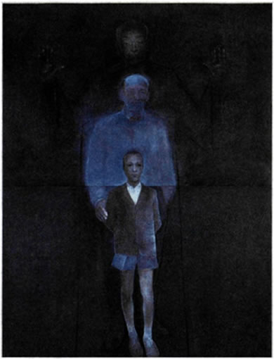 Χρόνης Μπότσογλου (γενν. το 1941), από τη σειρά 26 έργων με τίτλο «Μια προσωπική Νέκυια», 2000, 2,00X1,50 μ. Με επιρροές από τον εξπρεσιονισμό και με έντονη διάθεση ενδοσκόπησης και υπαρξιακού προβληματισμού, ο Χρόνης Μπότσογλου διαμορφώνει τον προσωπικό του εικαστικό λόγο, με σημείο αναφοράς την ανθρώπινη μορφή σε αυτοβιογραφικές αναφορές και συμβολικές προεκτάσεις. Στην τριπλή αυτή προσωπογραφία ο ζωγράφος απεικονίζεται ως μικρό αγόρι μαζί με άλλες δύο μορφές, του δασκάλου του και του μάντη «Τειρεσία», που τον οδηγούν μέσω της μνήμης σε αυτή την προσωπική του περιπλάνηση ανάμεσα σε αγαπημένα πρόσωπα ή σύμβολα του παρελθόντος.
