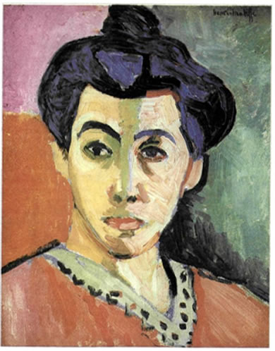 Ανρί Ματίς (Henri Matisse, 1869-1954) «Η κυρία Ματίς», προσωπογραφία με πράσινη γραμμή, 1905, 0,40X0,32 μ., Μουσείο Καλών Τεχνών, Κοπεγχάγη. Σε αυτή την προσωπογραφία, που αποτελεί χαρακτηριστικό δείγμα φοβιστικής αντίληψης, η ρυθμικότητα και η αρμονία των τολμηρών χρωμάτων, τα έντονα περιγράμματα και η σύνθεση δεν αποσκοπούν στο να περιγράψουν με ακρίβεια το πρόσωπο μιας συγκεκριμένης γυναίκας, αλλά να αποτυπώσουν την εσωτερική αλήθεια και τα συναισθήματα που προκαλεί η επιβλητική και ανήσυχη έκφρασή της.