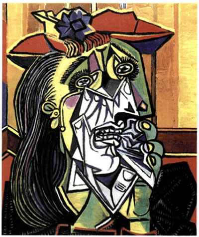 Πάμπλο Πικάσο /Pablo Picasso, 1881-1973) , «Γυναίκα που κλαίει», 1937, 0,55X0,46 μ., Συλλογή Πενρόουζ, Λονδίνο. Το σπαρακτικό κλάμα της γυναίκας, ο πόνος και η απελπισία της αποδίδονται με γεωμετρικά σχήματα που κατατεμαχίζουν τραγικά το πρόσωπο της, σύμφωνα με τις επιταγές του κυβισμού. Έχει λεχθεί ότι όλα τα δάκρυα και οι λυγμοί των θυμάτων κάθε βάρβαρης καταπίεσης έχουν αποτυπωθεί στα παραμορφωμένα χαρακτηριστικά αυτής της γυναίκας.