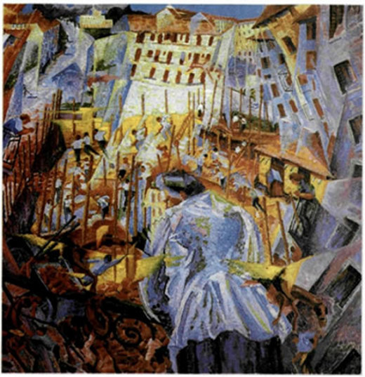 Ουμπέρτο Μποτσιόνι (Umberto Boccioni, 1882-1916), «Οι θόρυβοι της πόλης εισβάλλουν στο σπίτι», 1911, 1,0X1,07 μ., Μουσείο Sprengel, Ανόβερο. Η συνεχής κίνηση των σύγχρονων μεγαλουπόλεων, οι εναλλασσόμενες με γρήγορους ρυθμούς εικόνες και το πλήθος των εκκωφαντικών θορύβων απασχόλησαν ιδιαίτερα τον φουτουρισμό. Τα στοιχεία αυτά αποδίδονται με την εικόνα μιας ανεγειρόμενης οικοδομής, ενώ μια γυναίκα, σε τρεις διαφορετικές θέσεις και από τρεις αντίστοιχες οπτικές γωνίες, παρακολουθεί το γεγονός που αλλάζει ριζικά τη ζωή της.