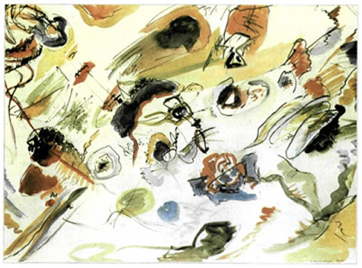Βασίλυ Καντίνσκυ (Vassily Kandinsky, 1866- 1944), «Η πρώτη αφηρημένη ακουαρέλα», 1910, 0,50X0,65 μ., Μουσείο Σύγχρονης Τέχνης Μπομπούρ, Παρίσι. Ο καλλιτέχνης, κύριος εκφραστής της αφαίρεσης και ιδρυτικό μέλος της ομάδας «Γαλάζιος Καβαλάρης», με χρωματικές κηλίδες και γραμμικά σχήματα που αναπτύσσονται ελεύθερα επάνω στη ζωγραφική επιφάνεια, προσεγγίζει τον κόσμο των μορφών σαν να ήταν ένα μικρό παιδί που πρωτοαντικρίζει τον κόσμο. Σκοπός του δημιουργού, κατά τον Καντίνσκυ, δεν είναι να παρουσιάσει αυτά τα ίδια τα αντικείμενα, τη μορφή, το χρώμα και το σχήμα τους, αλλά την ουσία τους, αναδεικνύοντας έτσι την πνευματική διάσταση της τέχνης.