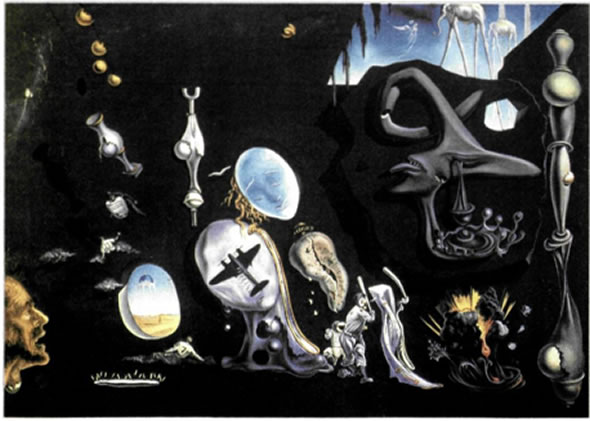 Σαλβαντόρ Νταλί (Salvador Dali, 1904-1989), «Ειδύλλιο ουρανίου και ατομική μελαγχολία», 1945 0,65X0,85 μ., Κεντρικό Εθνικό Μουσείο Τέχνης Βασίλισσα Σοφία, Μαδρίτη. Ο Νταλί, ο γνωστότερος από τους σουρεαλιστές στο ευρύτερο κοινό για το έργο, αλλά και για την εκκεντρική προσωπικότητά του, δίνει συχνά στα έργα του την εντύπωση ενός παρανοϊκού παραληρήματος. Στο έργο αυτό, που δημιουργήθηκε με αφορμή την έκρηξη της ατομικής βόμβας στη Χισοσίμα, εκφράζει τη δική του αγωνία για το μέλλον της ανθρωπότητας, δίνοντας την εικόνα της καταστροφής με μια σειρά γνωστών συμβόλων, παραμορφώσεων και διπλών εικόνων, οι οποίες έμμεσα ή άμεσα παραπέμπουν σε μορφές του ασυνειδήτου και του κόσμου των ονείρων.