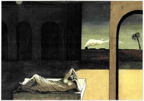 Τζόρτζιο Ντε Κίρικο (Giorgio De Chirico, 1888-1978), «Η ανταμοιβή του μάντη», 1913, 1,36X1,80 μ., Μουσείο Τέχνης Φιλαδέλφειας (ΗΠΑ). Η μεταφυσική ζωγραφική, κύριος εκφραστής της οποίας είναι ο Τζόρτζιο Ντε Κίρικο, μπορεί να θεωρηθεί ότι προετοιμάζει το έδαφος για τον σουρεαλισμό. Στο έργο αυτό απεικονίζονται μερικά από τα συνήθη θέματα του ζωγράφου, όπως αναγεννησιακά οικοδομήματα χωρίς καμιά ζωή, άδειες πλατείες, σταματημένος χρόνος, το τρένο στο βάθος, αλλά και το άγαλμα της Αριάδνης που θρηνεί για την αναχώρηση του Θησέα. Όλα παραπέμπουν στο κενό της απουσίας και δημιουργούν μια ατμόσφαιρα θλίψης και μοναξιάς.