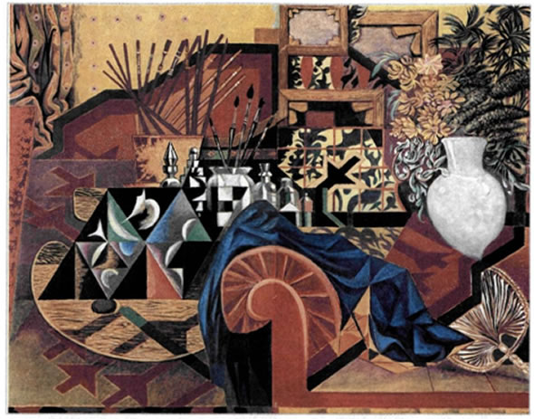 Νίκος Χατζηκυριάκος-Γκίκας (1906-1994), «Σύνθεση με ρυθμικά αντικείμενα», 1935, 0,81X1,00 μ., Μουσείο Μπενάκη - Πινακοθήκη Ν. Χατζηκυριάκου Γκίκα, Αθήνα. Με βαθιά πίστη στις αξίες της ελληνικής τέχνης, αρχαίας, βυζαντινής και λαϊκής, και ένθερμος οπαδός του μοντερνισμού, όπως τον γνώρισε στα έργα του Ματίς, του Πικάσο και του Μπρακ, ο Χατζήκυριάκος-Γκίκας θεωρείται ο κατ' εξοχήν εκφραστής του κυβισμού στην Ελλάδα. Στη νεκρή αυτή φύση, με τη φοβιστική ποιότητα του χρώματος, τη γεωμετρικότητα των μορφών και την κυβιστική οργάνωση, ο ζωγράφος εστιάζει το ενδιαφέρον του στην απόδοση της ιδιαίτερης ποιητικής ατμόσφαιρας που δημιουργούν τα αντικείμενα του εργαστηρίου του μέσα στον χώρο.