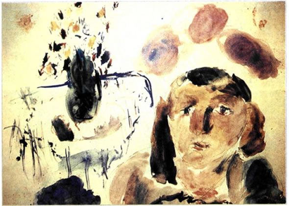 Γιώργος Μπουζιάνης (1885- 1959), «Γυναίκα με λουλούδια», 0,56X0,73 μ, υδατογραφία, Ιδιωτική Συλλογή, Μόναχο. Ο σημαντικότερος εκφραστής του εξπρεσιονισμού, με διεθνή αναγνώριση, δημιουργεί μια εντελώς προσωπική εξπρεσιονιστική γλώσσα, που βασίζεται στις εξαιρετικά προσεγμένες ζωγραφικές αξίες του σχεδίου, του χρώματος και του φωτός, μεταφέροντας στον θεατή με άμεσο τρόπο τα βαθύτερα και τα οδυνηρότερα βιώματα της ανθρώπινης ύπαρξης. Το πρόσωπο της νέας γυναίκας αποδίδεται με σχηματοποιημένα χαρακτηριστικά, απλές καμπύλες γραμμές και μελετημένους χρωματικούς τόνους, μέσα σε ένα περιβάλλον συναισθηματικά φορτισμένο.