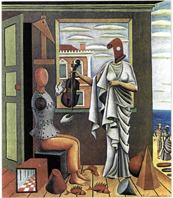 Νίκος Εγγονόπουλος (1910-1985), «Ποιητής και μούσα», 1938, 1,20X1,00 μ., Εθνική Πινακοθήκη και Μουσείο Αλεξάνδρου Σουτζου, Αθήνα. Στο έργο του ποιητή και ζωγράφου Νίκου Εγγονόπουλου συναντούμε έντονες επιρροές από τη μεταφυσική ζωγραφική και τον σουρεαλισμό, που συνδέονται με πολλά στοιχεία από τη βυζαντινή και λαϊκή τέχνη. Αινιγματικός και υπαινικτικός χώρος, παράδοξες μορφές και ποικίλα σύμβολα, συνύπαρξη παρελθόντος και παρόντος συνθέτουν τον κόσμο και το προσωπικό όραμα του δημιουργού.