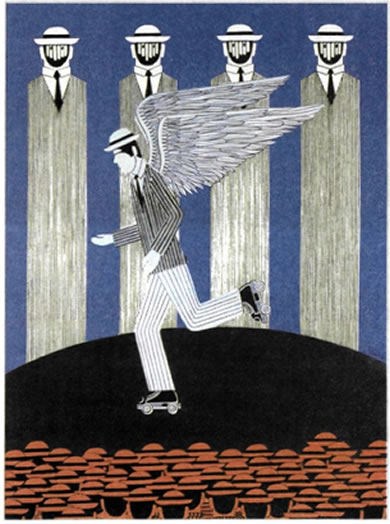 Γιάννης Γαίτης (1923-1984), «Πατινέρ», 1980, 1,30X0,97 μ., Συλλογή Κ. Ιωαννίδη, Αθήνα. Αναζητώντας νέες δυνατότητες έκφρασης, στο πλαίσιο της αφαίρεσης αρχικά, ο Γαΐτης διαμόρφωσε σταδιακά έναν δικό του εικαστικό λόγο, που είχε ως αφετηρία τα «ανθρωπάκια» του, τις συμβολικές δηλαδή μορφές με τα πανομοιότυπα χαρακτηριστικά που επαναλαμβάνονται στα έργα του σε ζωγραφική ή σε γλυπτική μορφή, «σχολιάζοντας» μέσω της τέχνης του την ισοπέδωση και την αλλοτρίωση της σύγχρονης καταναλωτικής κοινωνίας.