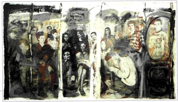 Νίκος Κεοσανλής (1930-2004), «Το Ε' Εργαστήριο Ζωγραφικής» (απόσπασμα), 1988, 2,22X4,10 μ., Συλλογή του ζωγράφου. Πρωταγωνιστώντας σε πολλές από τις πρωτοποριακές κινήσεις στην Ευρώπη μετά το 1960, όπως το κίνημα του νέου ρεαλισμού (ευρωπαϊκή εκδοχή της ποπ αρτ), αναζήτησε διάφορους τρόπους έκφρασης που του έδιναν τη δυνατότητα να πειραματιστεί με υλικά της καθημερινότητας και με σύγχρονες τεχνικές (χρήση της τεχνολογίας και ιδίως της φωτογραφίας). Στο έργο αυτό, εκτός από τη χρωματική επεξεργασία, χρησιμοποιούνται αποκόμματα φωτογραφιών σε μια σύνθεση που επιδιώκει να μεταφέρει με άμεσο τρόπο στον θεατή την ατμόσφαιρα ενός από τα καλλιτεχνικά εργαστήρια της Σχολής Καλών Τεχνών της Αθήνας.