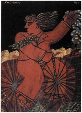 Αλέκος Φασιανός (γενν. το 1935), «Ποδηλάτης της νύχτας», 1987, Ιδιωτική Συλλογή. Ο Φασιανός διαμόρφωσε το προσωπικό ύφος του με ιδιαίτερες επιρροές από τη λαϊκή ζωγραφική, το Θέατρο Σκιών και τα βιώματα της μεταπολεμικής Ελλάδας. Η ανθρώπινη φιγούρα, όπως π.χ. η στερεότυπη μορφή του νεαρού ποδηλάτη που επαναλαμβάνεται σε πάμπολλες παραλλαγές, περιγράφεται με φαινομενική απλοϊκότητα, παιδικό αυθορμητισμό και αμεσότητα, ενώ το χρώμα, επίπεδο, ενιαίο και λαμπερό, επιβάλλεται με την παράξενη μαγεία του, μεταφέροντας την ποιητική και νοσταλγική διάθεση του καλλιτέχνη.