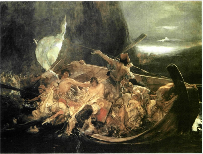 Νικόλαος Γύζης (1842-19011, «Μετά την καταστροφή των Ψαρών», 1898, 1,33X1,88 μ, Εθνική Πινακοθήκη και Μουσείο Αλεξάνδρου Σούτζου, Αθήνα. Μετά την καταστροφή του νησιού, απελπισμένοι Ψαριάνοι πασχίζουν να ανεβούν στην κλυδωνιζόμενη βάρκα, για να σωθούν μαζί με τα ιερά κειμήλια της πατρίδας τους. Μια στιβαρή ανδρική μορφή παλεύει να οδηγήσει τη βάρκα προς το βάθος όπου θαμποφέγγει το φως της σωτηρίας. Ο συμβολισμός της σύνθεσης αποκτά ακόμη μεγαλύτερο ενδιαφέρον, αν λάβουμε υπόψη μας ότι το έργο φιλοτεχνήθηκε λίγο μετά την εθνική ήττα του 1897.
