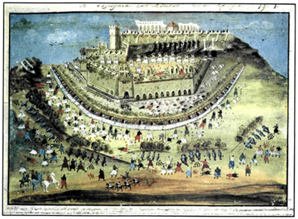 Δημήτριος Ζωγράφος (π. 1790 - μετά το 18401 «Πολιορκία Αθηνών», 1827, υδατογραφία σε χαρτόνι, 0,49X0,62 μ., Γεννάδειος Βιβλιοθήκη.. Ο στρατηγός Μακρυγιάννης ζήτησε από τον λαϊκό ζωγράφο και αγιογράφο Δημήτριο Ζωγράφο να δημιουργήσει πέντε σειρές έργων, σύμφωνα με τις οδηγίες του, προκειμένου να συμπληρώσει εικονογραφικά το κείμενο των «Απομνημονευμάτων» του. Ακολουθώντας τη λαϊκή, αλλά και τη βυζαντινή παράδοση, ο Ζωγράφος ανταποκρίνεται εικαστικά στο άμεσο, απλό και περιγραφικό ύφος του Μακρυγιάννη. Τα έργα παρουσιάστηκαν από τον Μακρυγιάννη στους πρέσβεις των τριών μεγάλων δυνάμεων, σε αγωνιστές της Επανάστασης, φιλέλληνες και διάφορους αξιωματούχους, τους οποίους είχε προσκαλέσει στο σπίτι του με την ευκαιρία της εθνικής γιορτής του 1839. Το γεγονός αυτό αποτέλεσε την πρώτη έκθεση έργων τέχνης στην Ελλάδα.