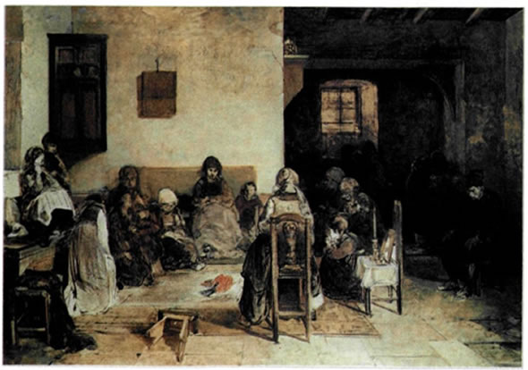 Νικηφόρος Λύτρας (1832- 1904), «Το ψαριανό μοιρολόι», 1880, 0,94X1,40 μ., Εθνική Πινακοθήκη και Μουσείο Αλεξάνδρου Σούτζου, Αθήνα. Οι συγγενείς θρηνούν για τον χαμένο ναυτικό, καθισμένοι αυστηροί και σιωπηλοί γύρω από το φέσι του. Τα μουντά χρώματα, η οργάνωση του χώρου, τα πρόσωπα χωρίς ατομικά χαρακτηριστικά αποδίδουν την εσωτερική συντριβή των ανθρώπων και την ατμόσφαιρα της θλίψης και του πένθους.