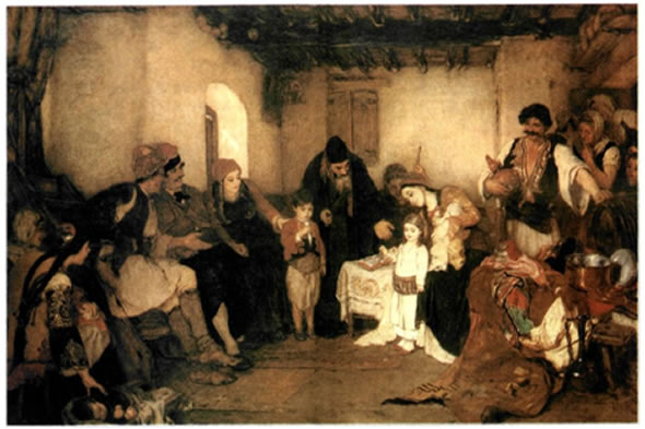 Νικόλαος Γύζης (1842-1901), «Τα αρραβωνιάσματα», 1,03X1,55 μ., Εθνική Πινακοθήκη και Μουσείο Αλεξάνδρου Σούτζου, Αθήνα. Το παλιό έθιμο της Τουρκοκρατίας να αρραβωνιάζουν τα παιδιά σε μικρή ηλικία γίνεται η αφορμή να στηθεί, με μεγάλη συνθετική ικανότητα και εκφραστικό πλούτο, μια σκηνή που δεν περιορίζεται σε ηθογραφική αποτύπωση του περιστατικού. Τα πρόσωπα, οι εκφράσεις, οι χειρονομίες, η ατμόσφαιρα της σκηνής αποκτούν διαχρονική δύναμη παραμένοντας και σήμερα ζωντανά και οικεία.