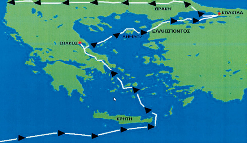 3.  Η πορεία που ακολούθησαν οι Αργοναύτες από την Ιωλκό στην Κολχίδα και το πέρασμά τους από την Κρήτη κατά την επιστροφή.