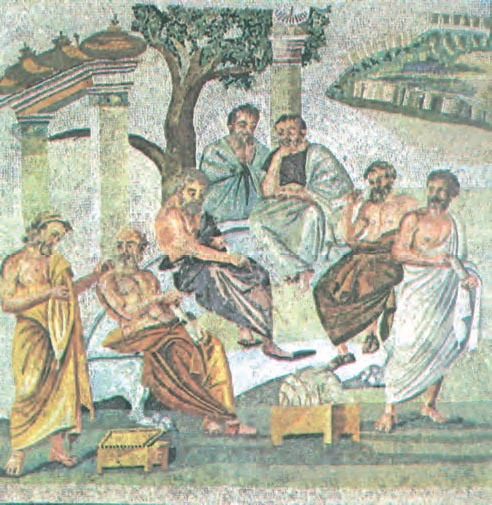 Ψηφιδωτό δάπεδο από την Πομπηία (1ος αι. μ.Χ.). Παρουσιάζει την Πλατωνική Ακαδημία. Οι παλαιές φιλοσοφικές σχολές της Αθήνας, όπως η Ακαδημία και το Αύχειο του Αριστοτέλη, συνέχισαν να λειτουργούν και κατά τους ελληνιστικούς χρόνους. (Νεάπολη, Εθνικό Μουσείο)